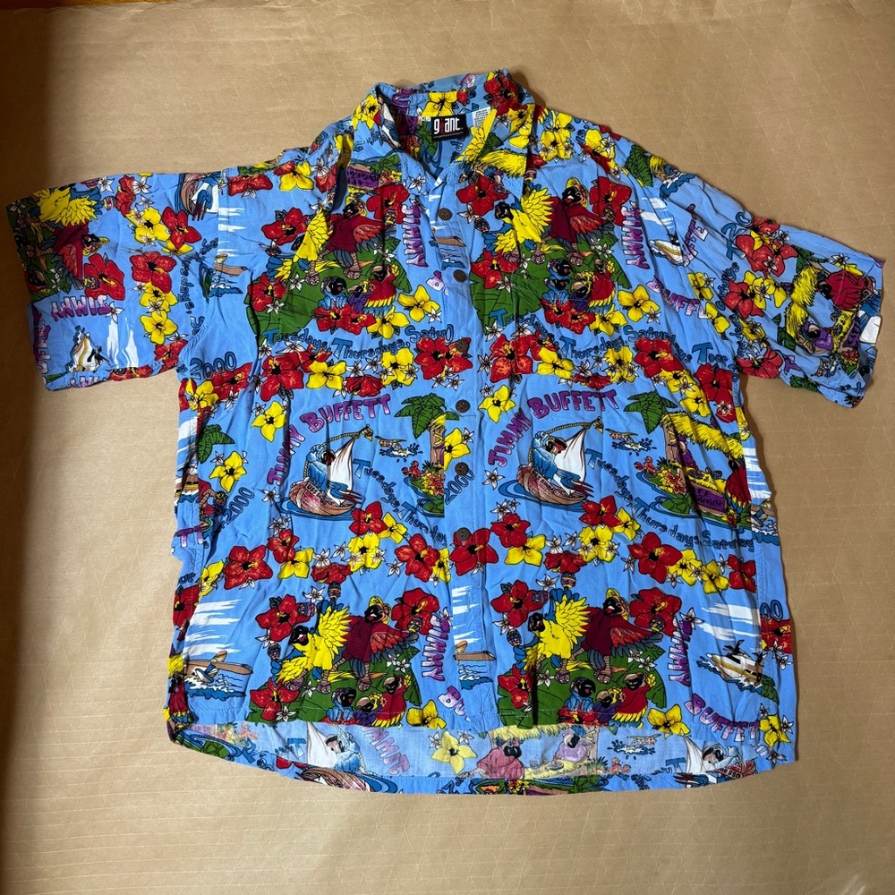 Vintage Jimmy Buffett Shirt Mens XL Blue Tour 2000 Hawaiian Aloha Rayon Parrot‎